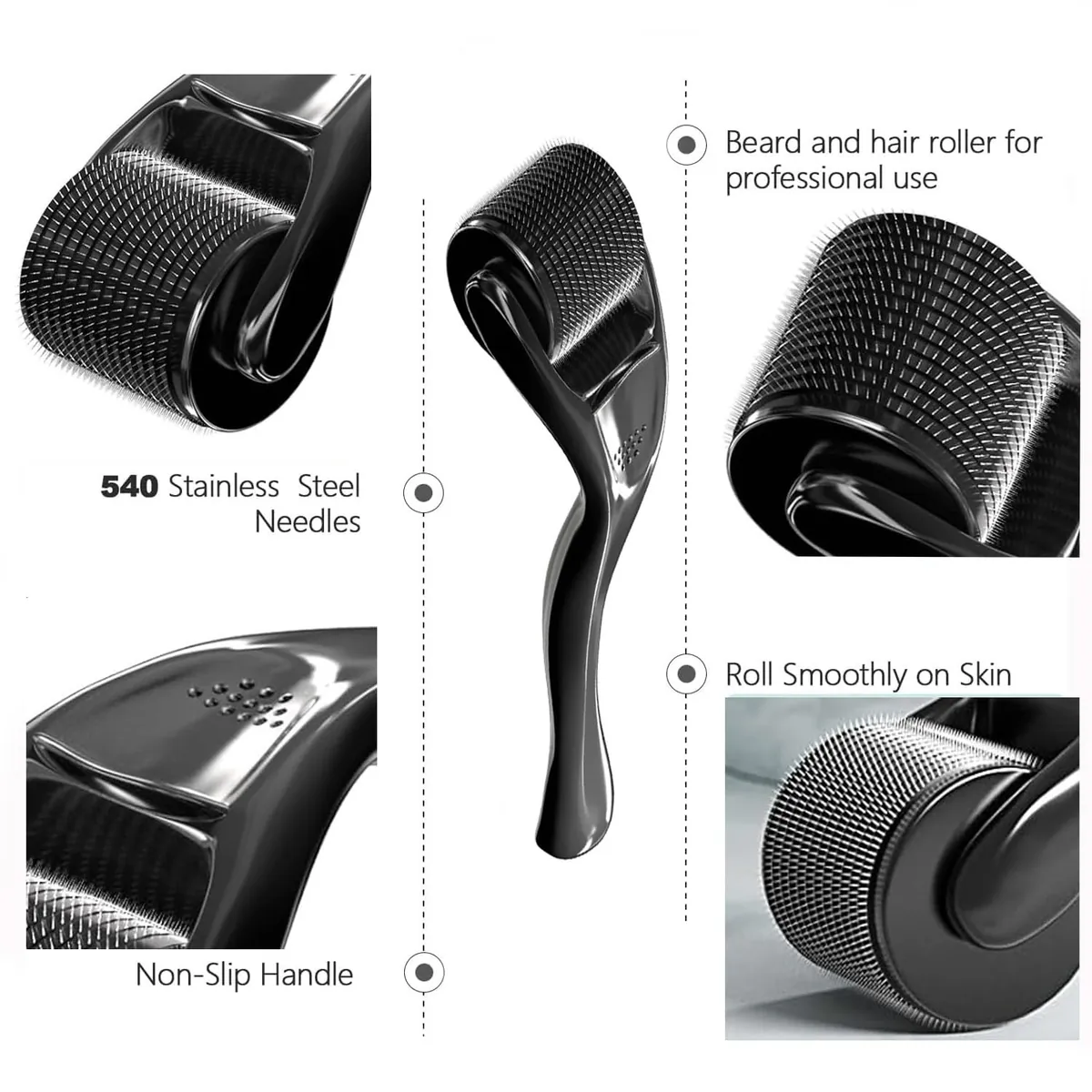 Envoquee derma roller with 540 stainless steel needles and non-slip handle, for scalp and beard