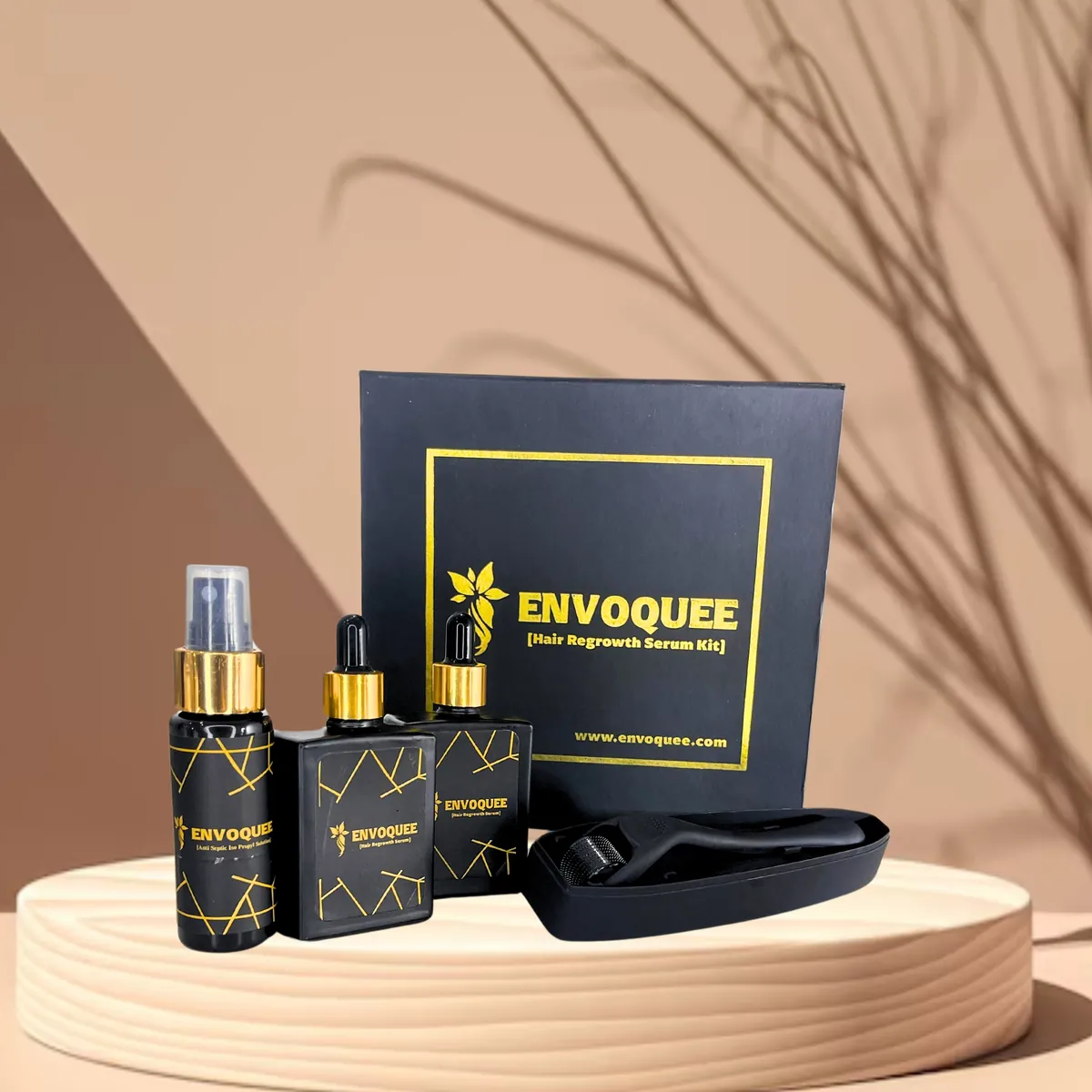 Envoquee Hair Regrowth Serum Kit: black and gold gift box with serum dropper bottles, Anti Septic prep spray and derma roller