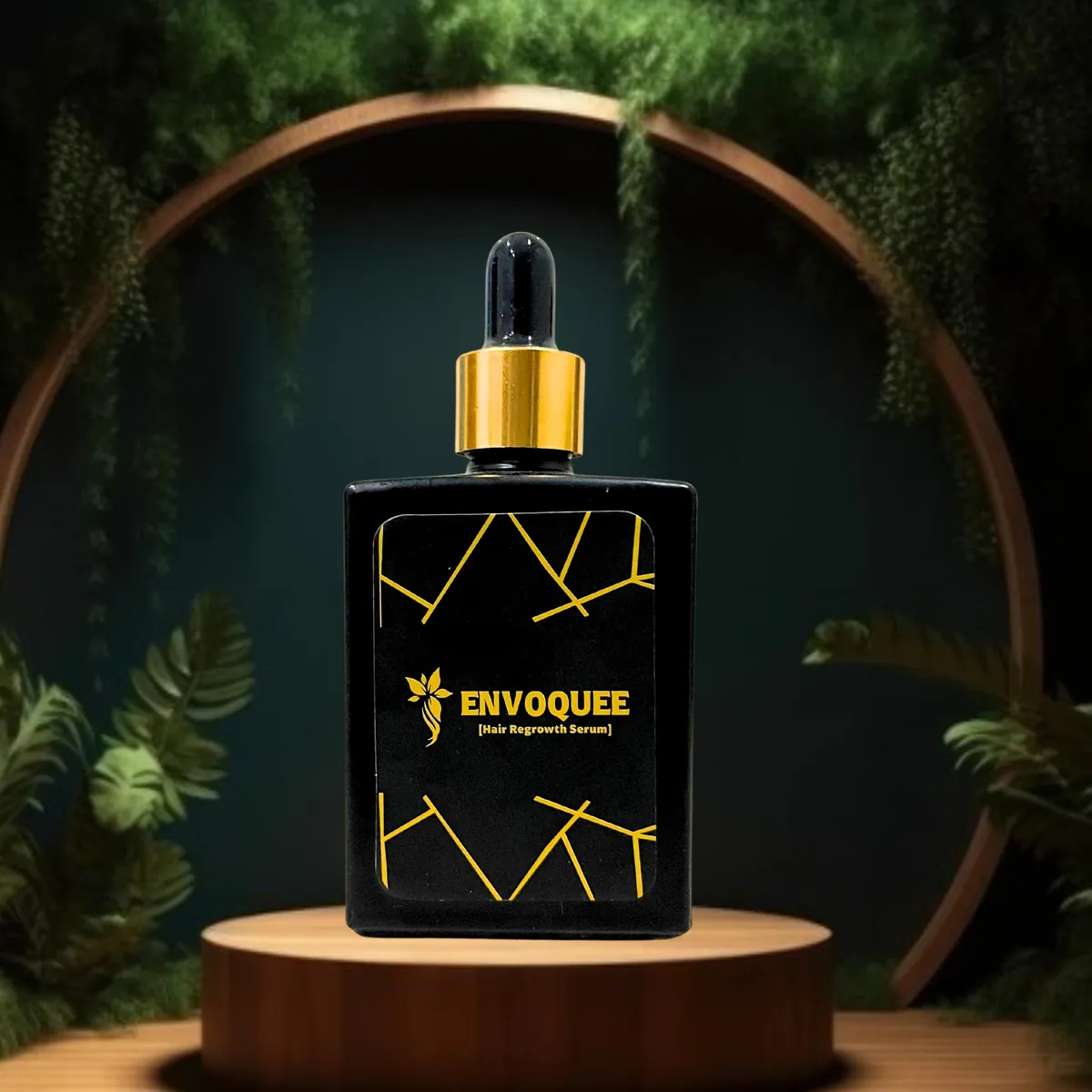 Envoquee Hair Regrowth Serum square black glass dropper bottle with gold collar